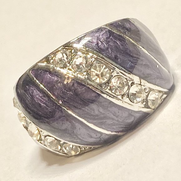 Vintage Purple Enamel Cocktail Ring Silver Plated Crystal Rhinestone Size 7 Boho - Picture 5 of 11
